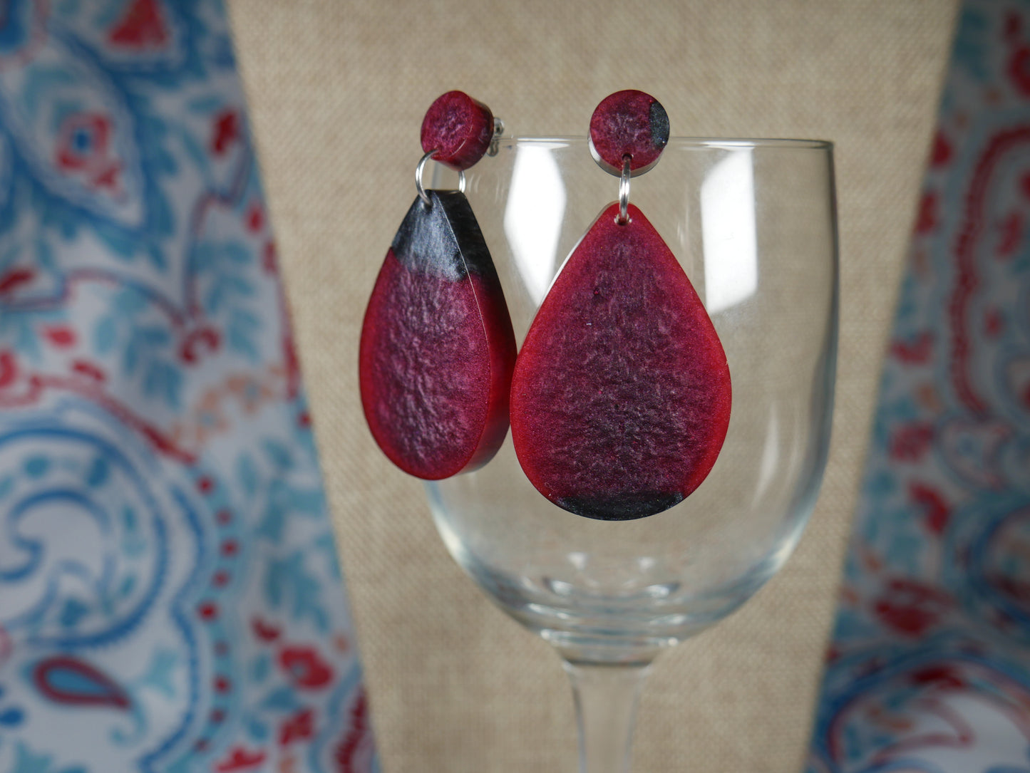 Resin Cranberry Red and Silver/Black Teardrop Shaped Earrings