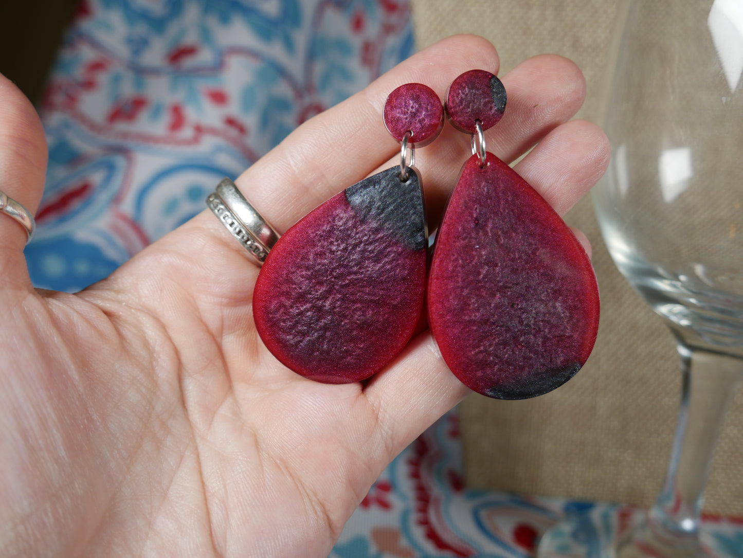 Resin Cranberry Red and Silver/Black Teardrop Shaped Earrings