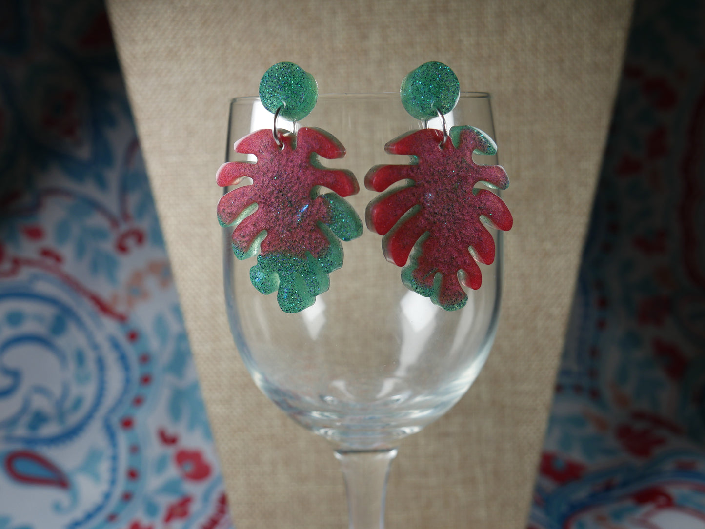 Resin Sparkly Red and Green Leaf Earrings