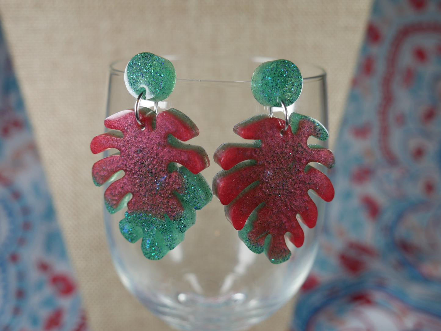 Resin Sparkly Red and Green Leaf Earrings