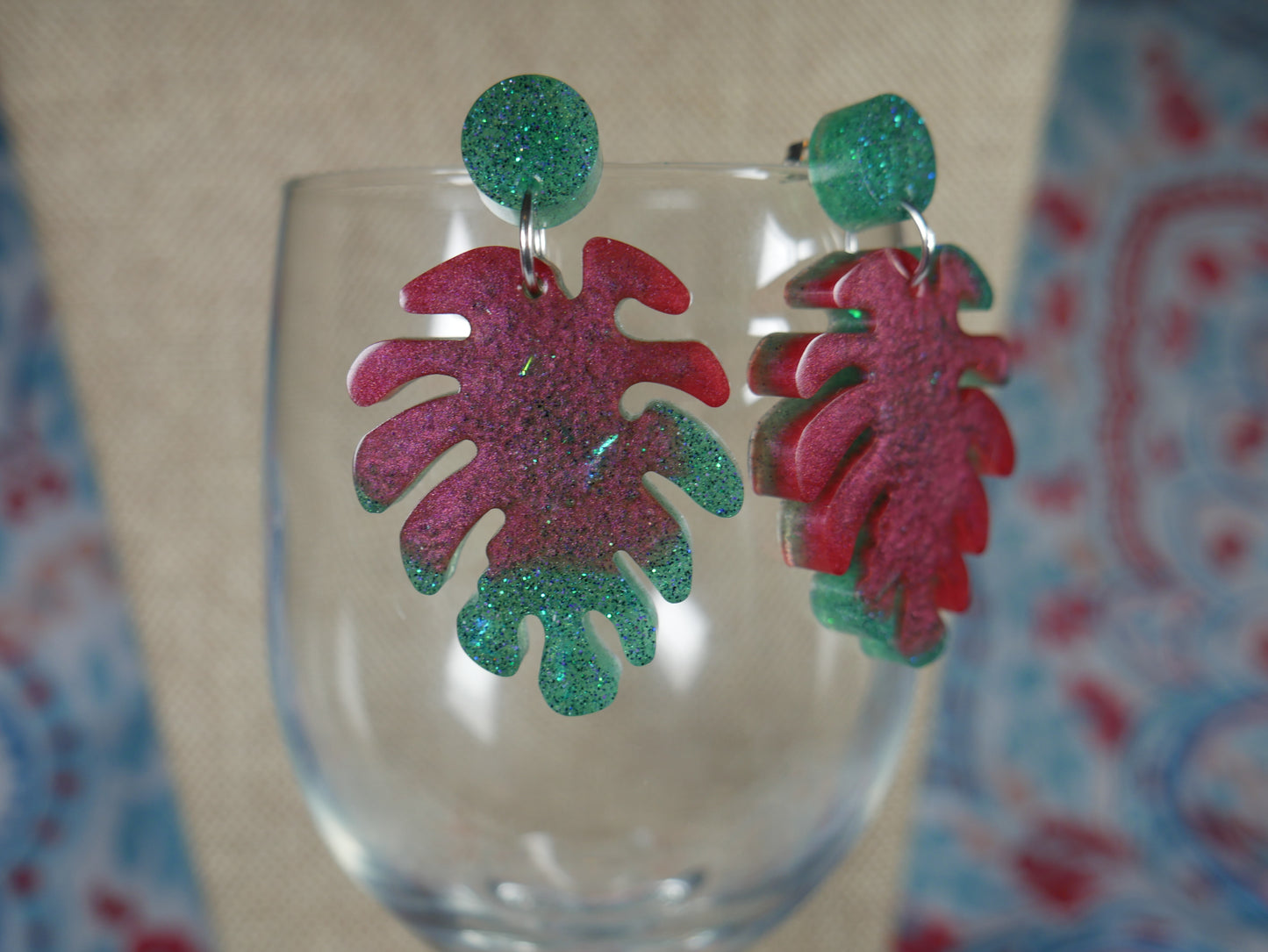 Resin Sparkly Red and Green Leaf Earrings