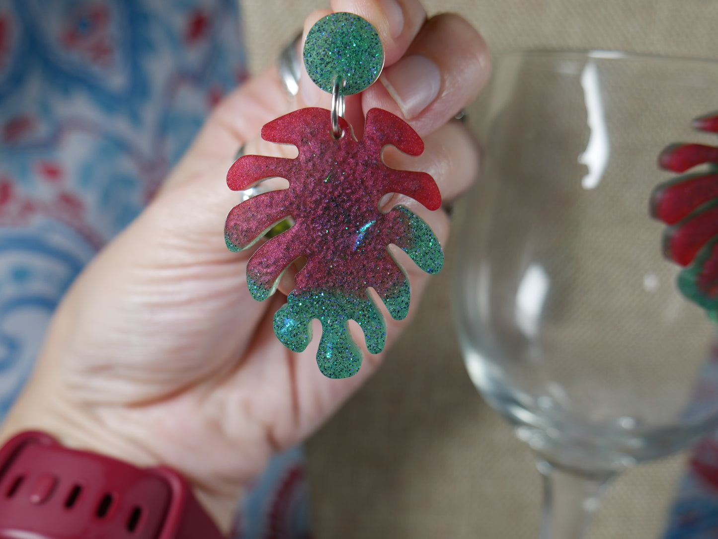 Resin Sparkly Red and Green Leaf Earrings