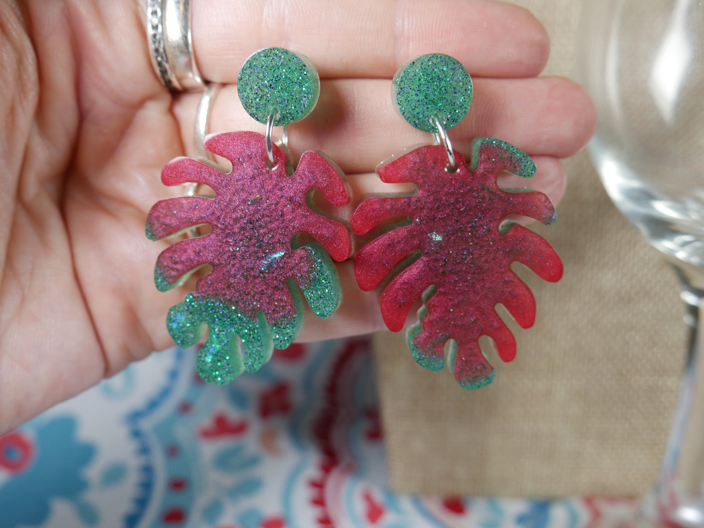 Resin Sparkly Red and Green Leaf Earrings