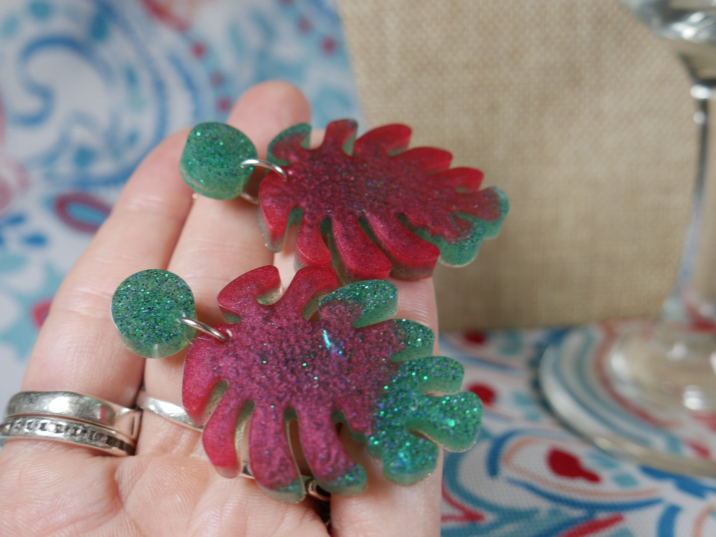 Resin Sparkly Red and Green Leaf Earrings