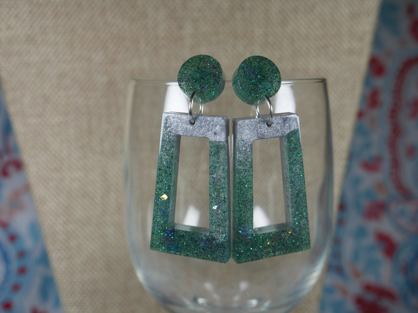 Resin Green and Silver Rectangular Earrings