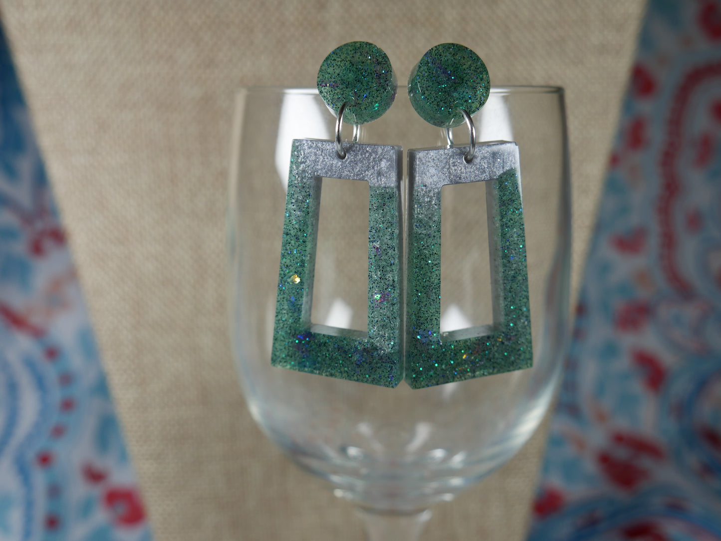 Resin Green and Silver Rectangular Earrings