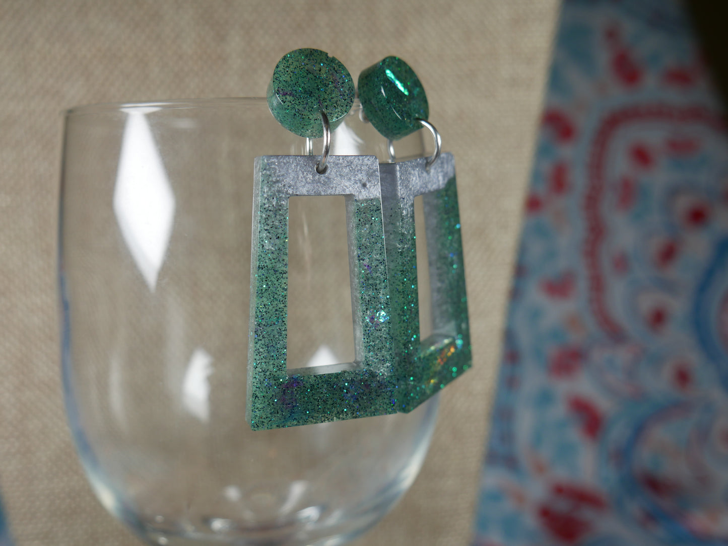 Resin Green and Silver Rectangular Earrings