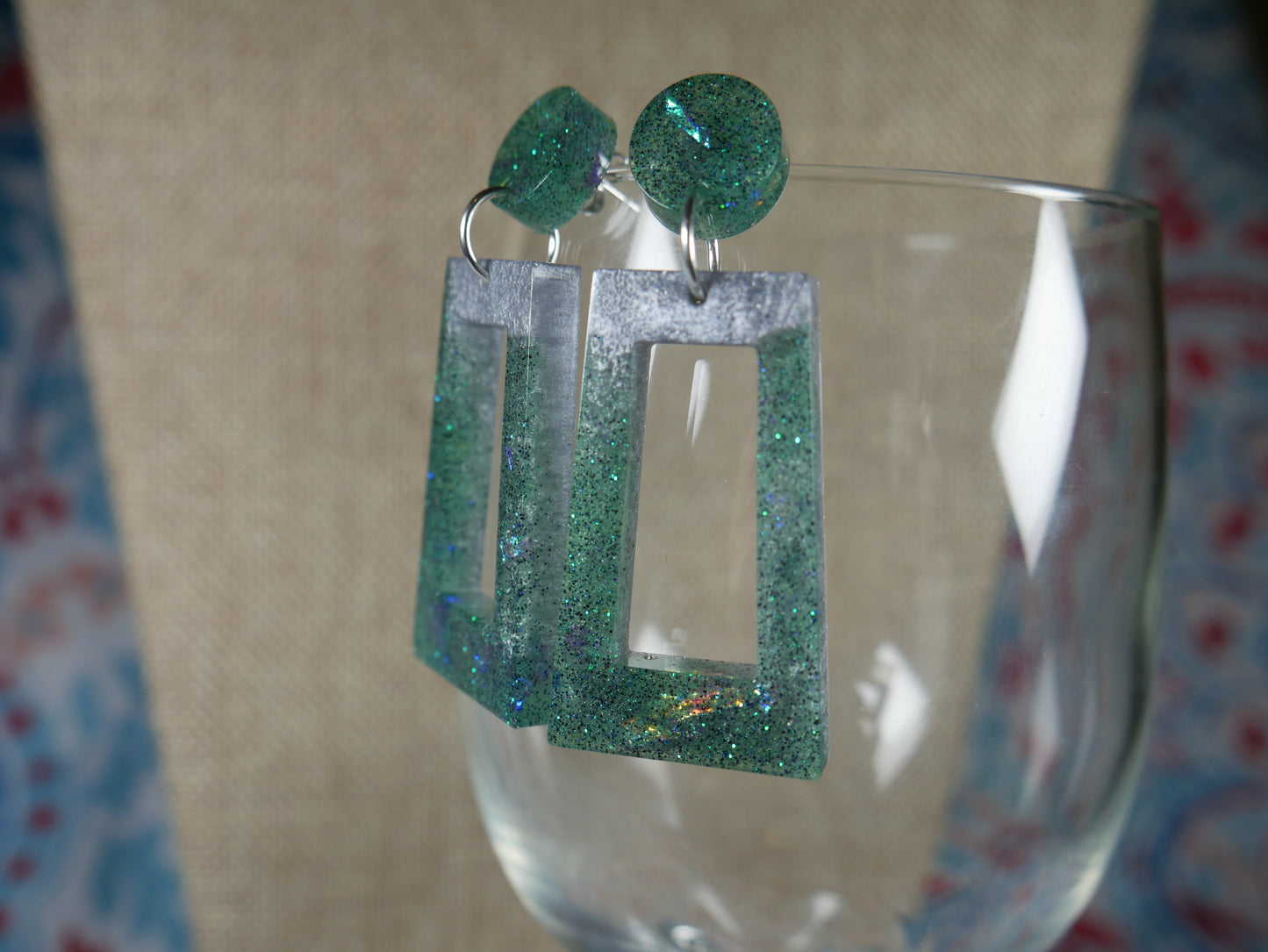 Resin Green and Silver Rectangular Earrings