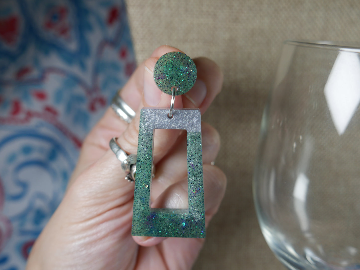 Resin Green and Silver Rectangular Earrings