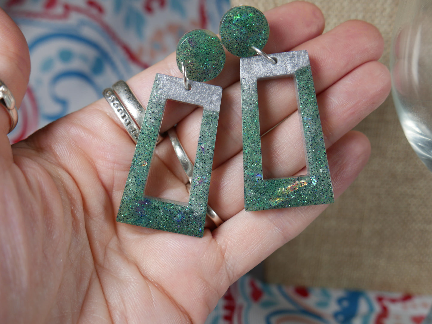 Resin Green and Silver Rectangular Earrings