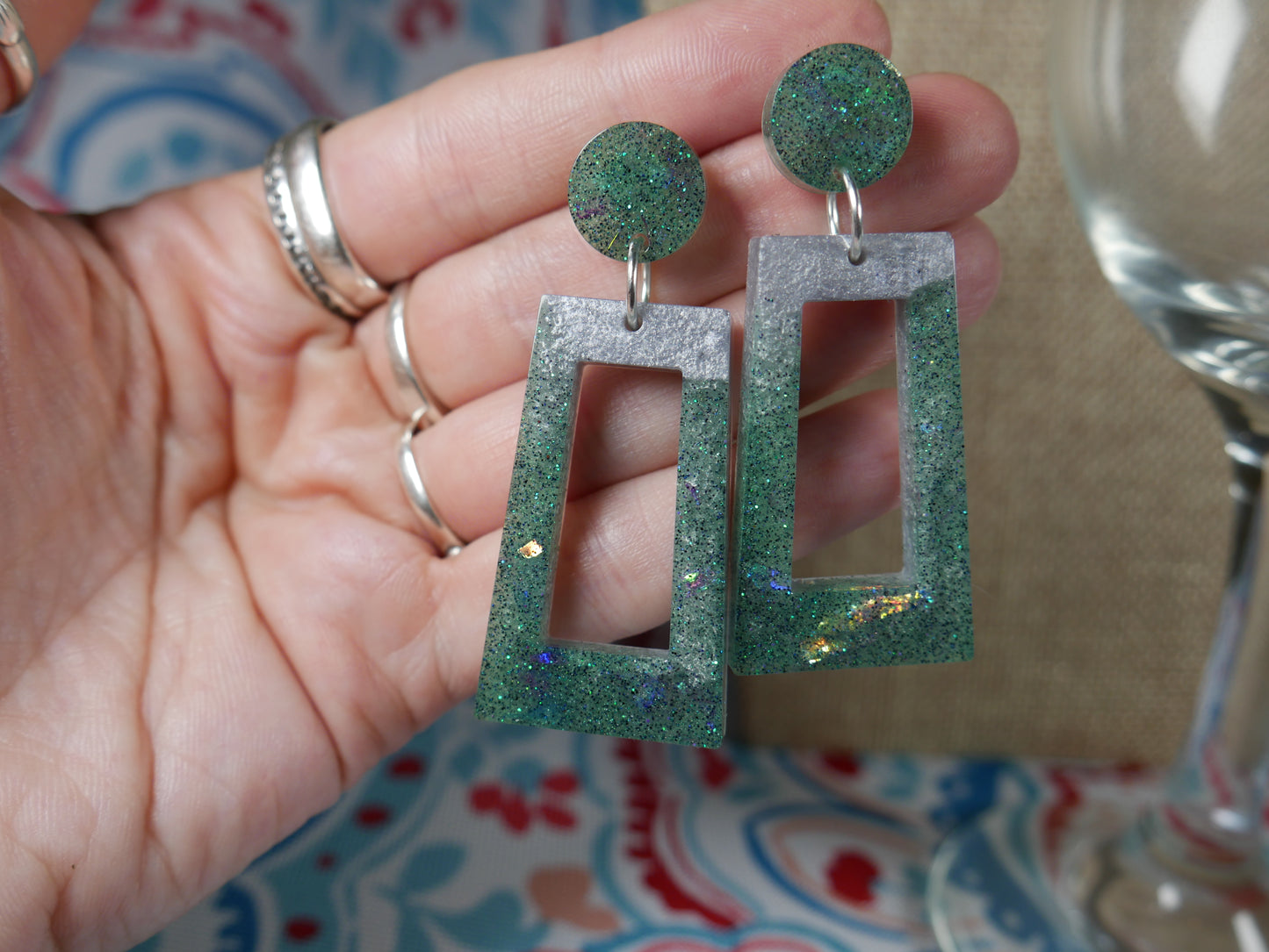 Resin Green and Silver Rectangular Earrings