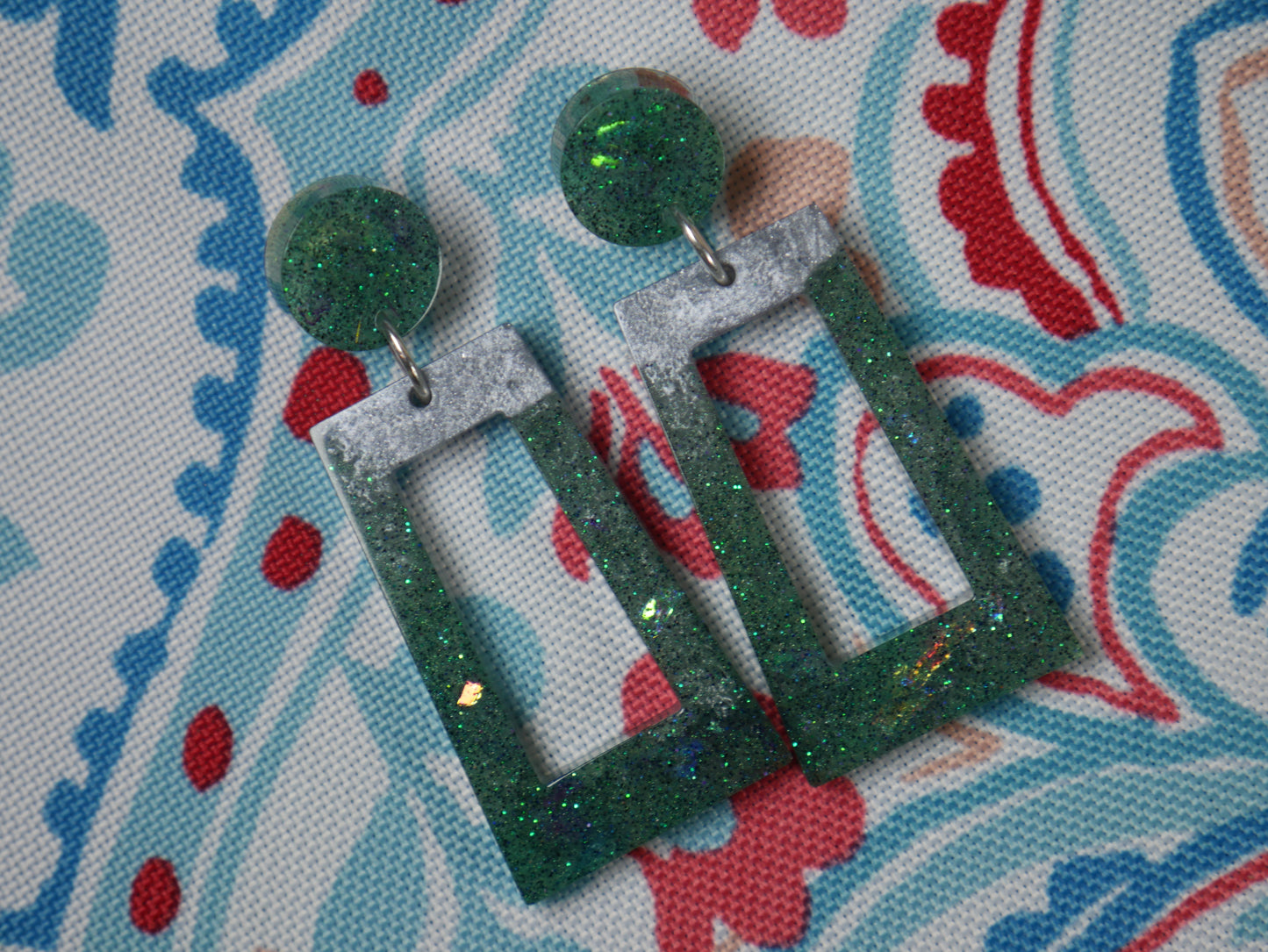 Resin Green and Silver Rectangular Earrings