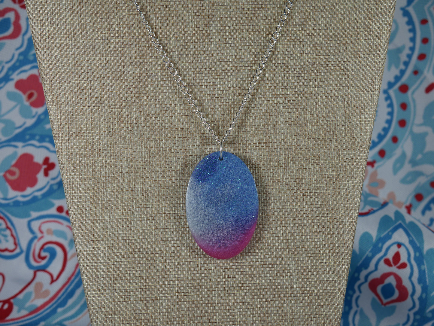 Resin Blue, Silver and Magenta Oval Pendant Necklace