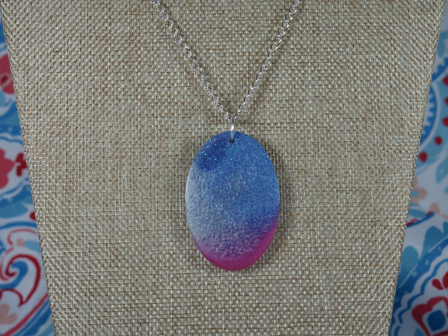 Resin Blue, Silver and Magenta Oval Pendant Necklace