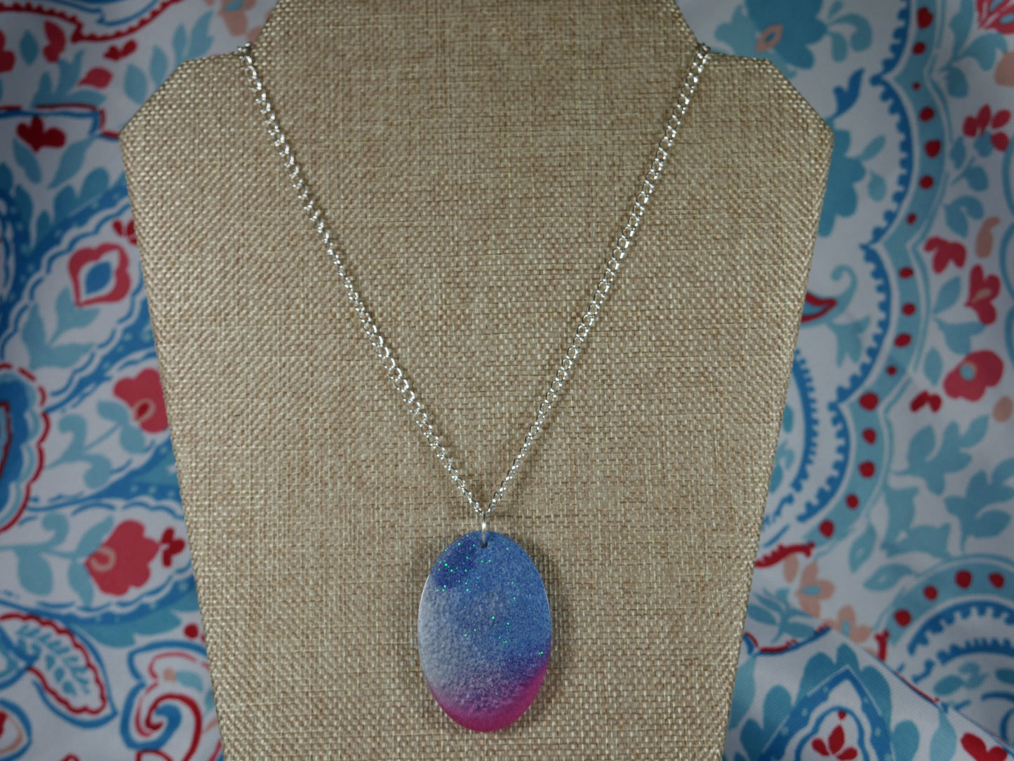 Resin Blue, Silver and Magenta Oval Pendant Necklace