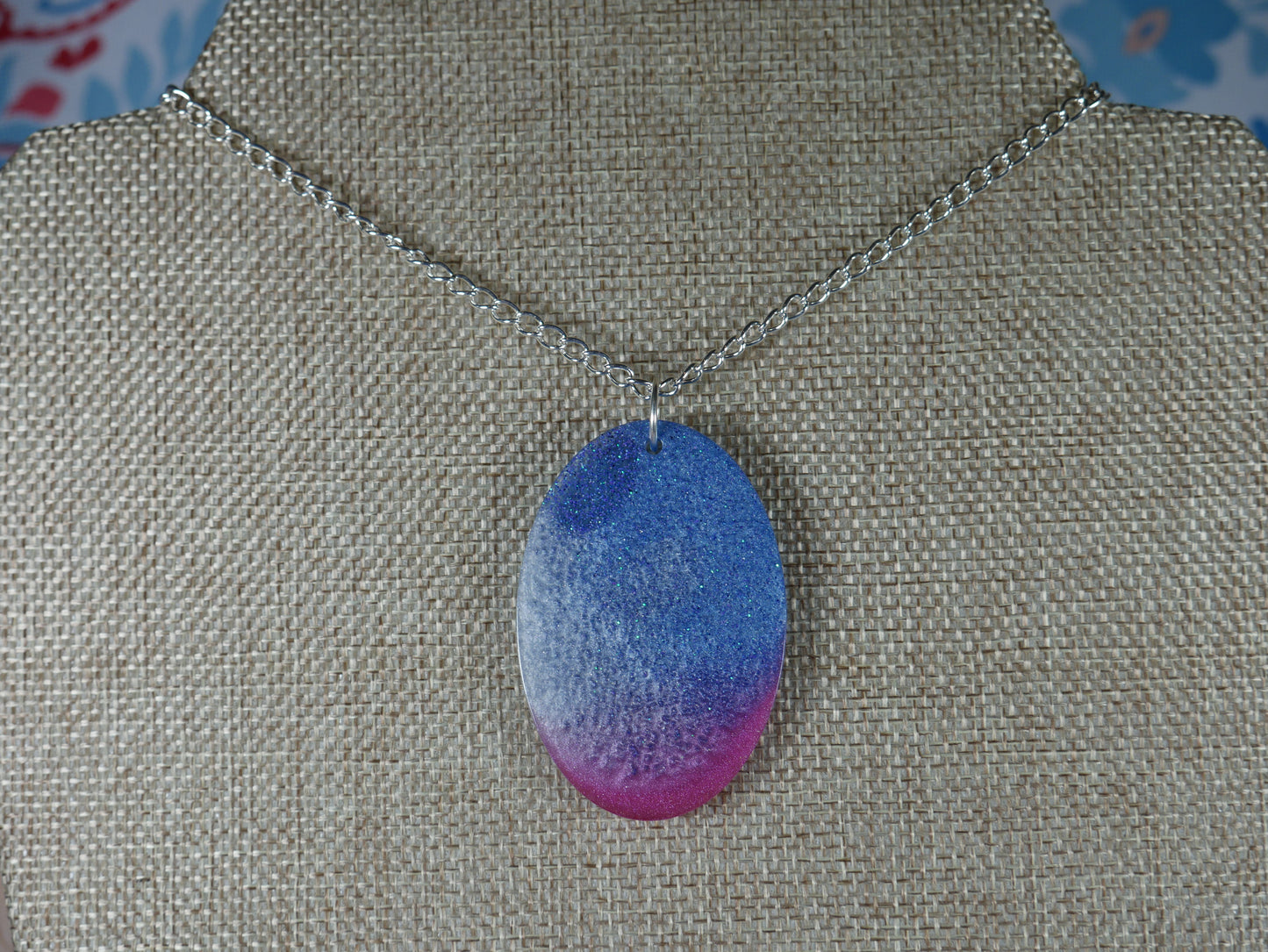 Resin Blue, Silver and Magenta Oval Pendant Necklace