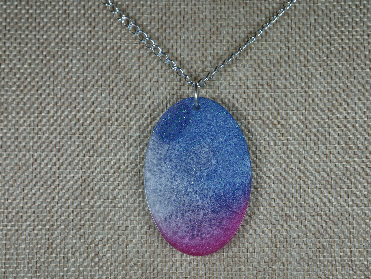 Resin Blue, Silver and Magenta Oval Pendant Necklace