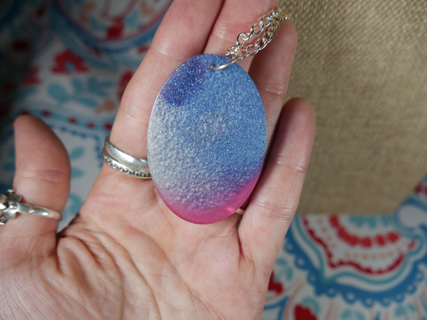 Resin Blue, Silver and Magenta Oval Pendant Necklace