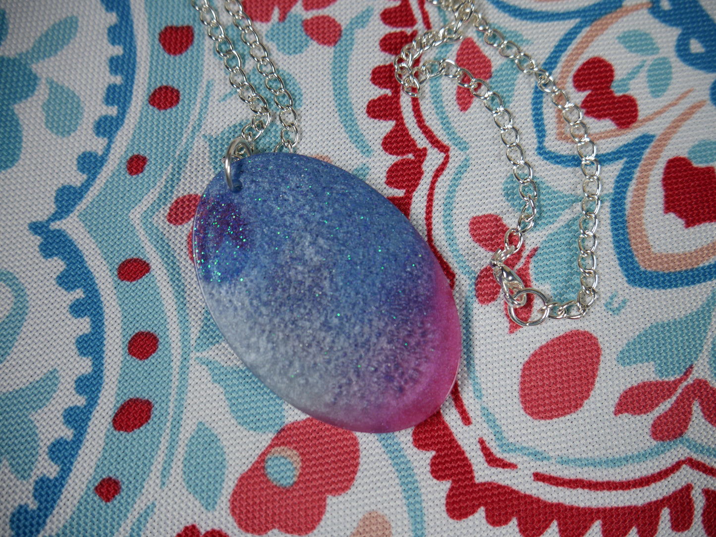 Resin Blue, Silver and Magenta Oval Pendant Necklace