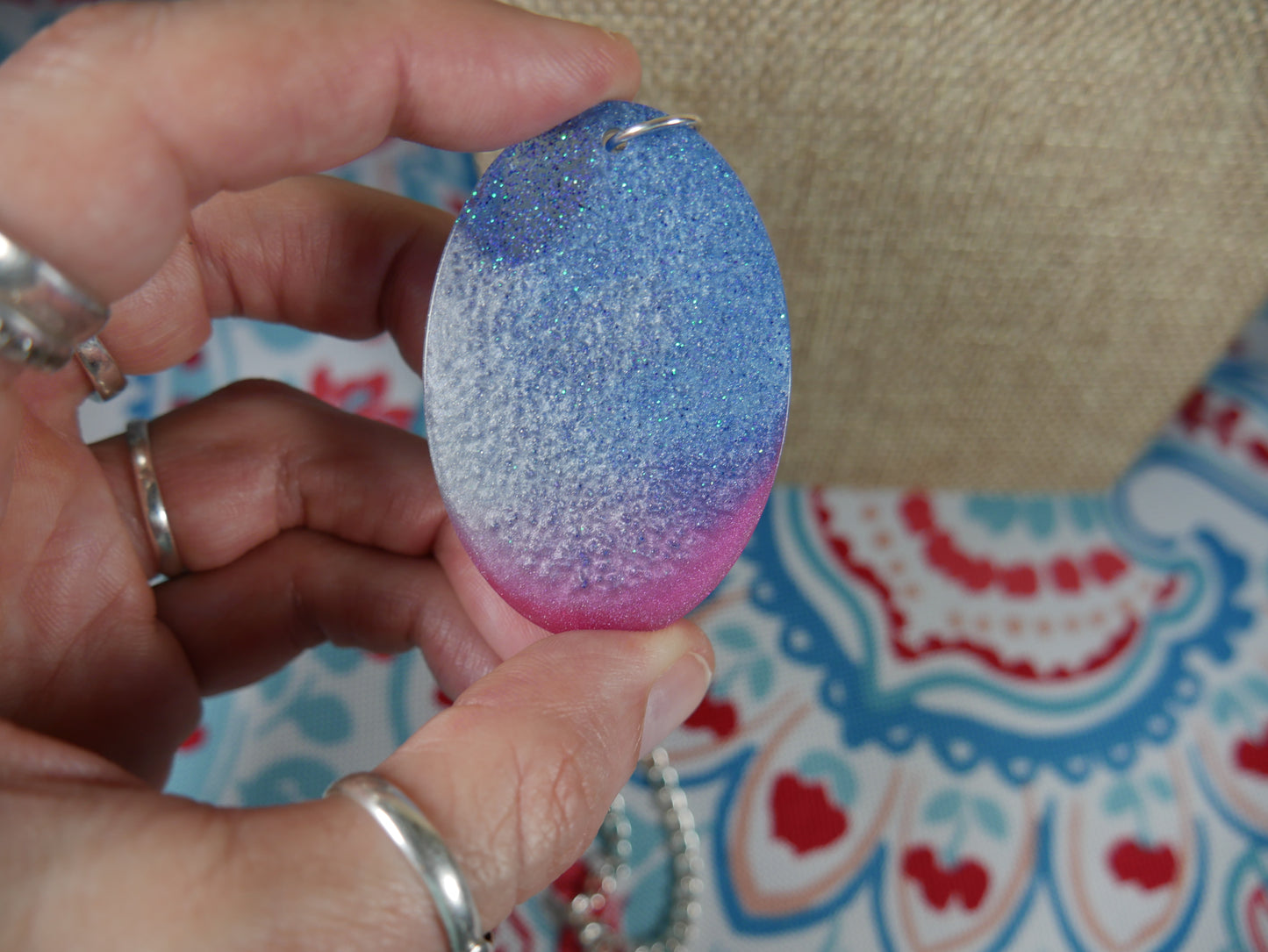 Resin Blue, Silver and Magenta Oval Pendant Necklace