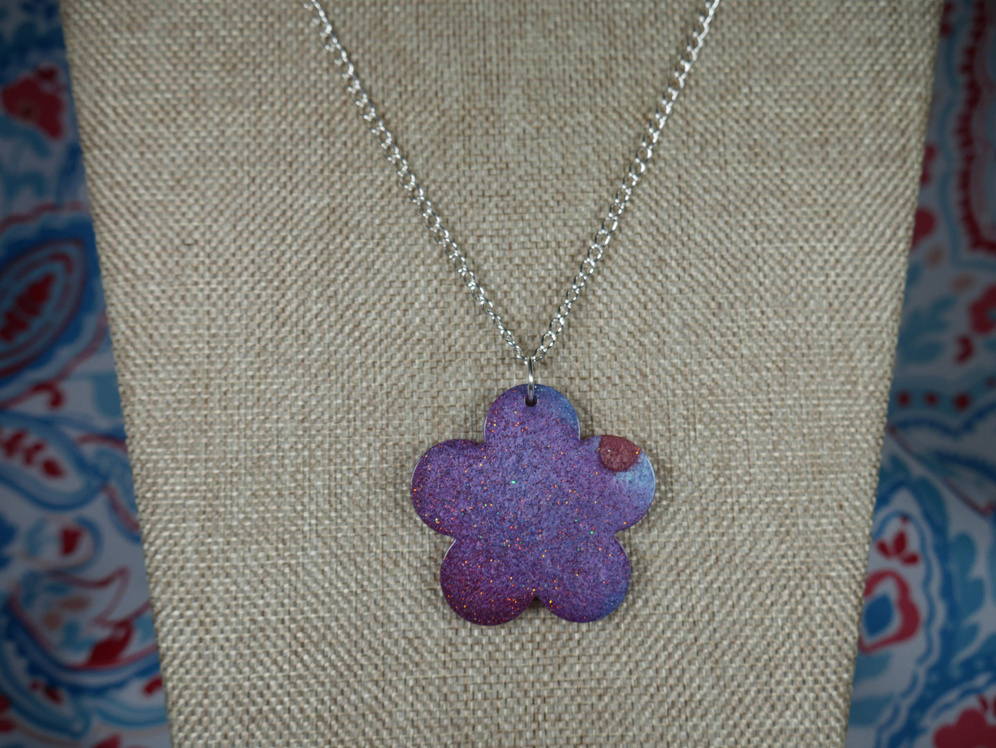 Resin Purple and Blue Flower Pendant Necklace