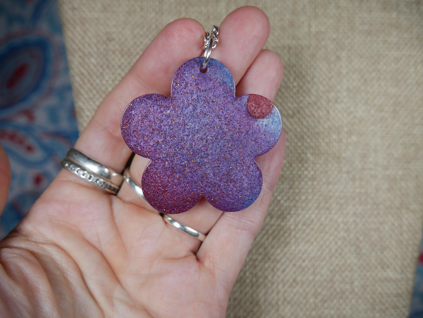 Resin Purple and Blue Flower Pendant Necklace