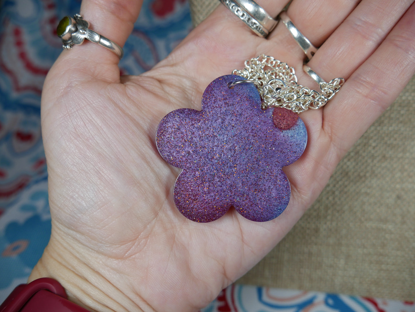 Resin Purple and Blue Flower Pendant Necklace