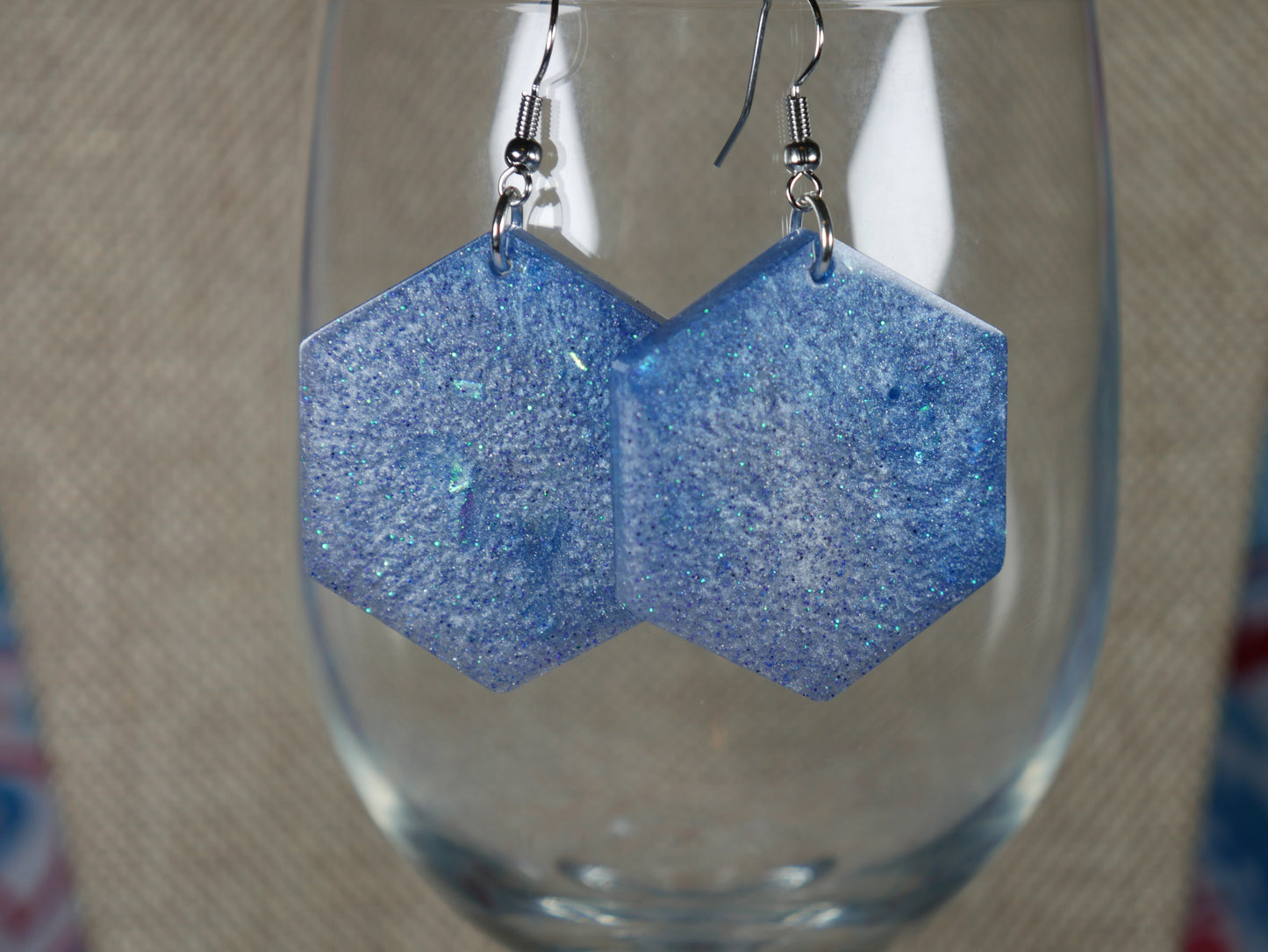 Resin Blue and Silver Hexagon Earrings