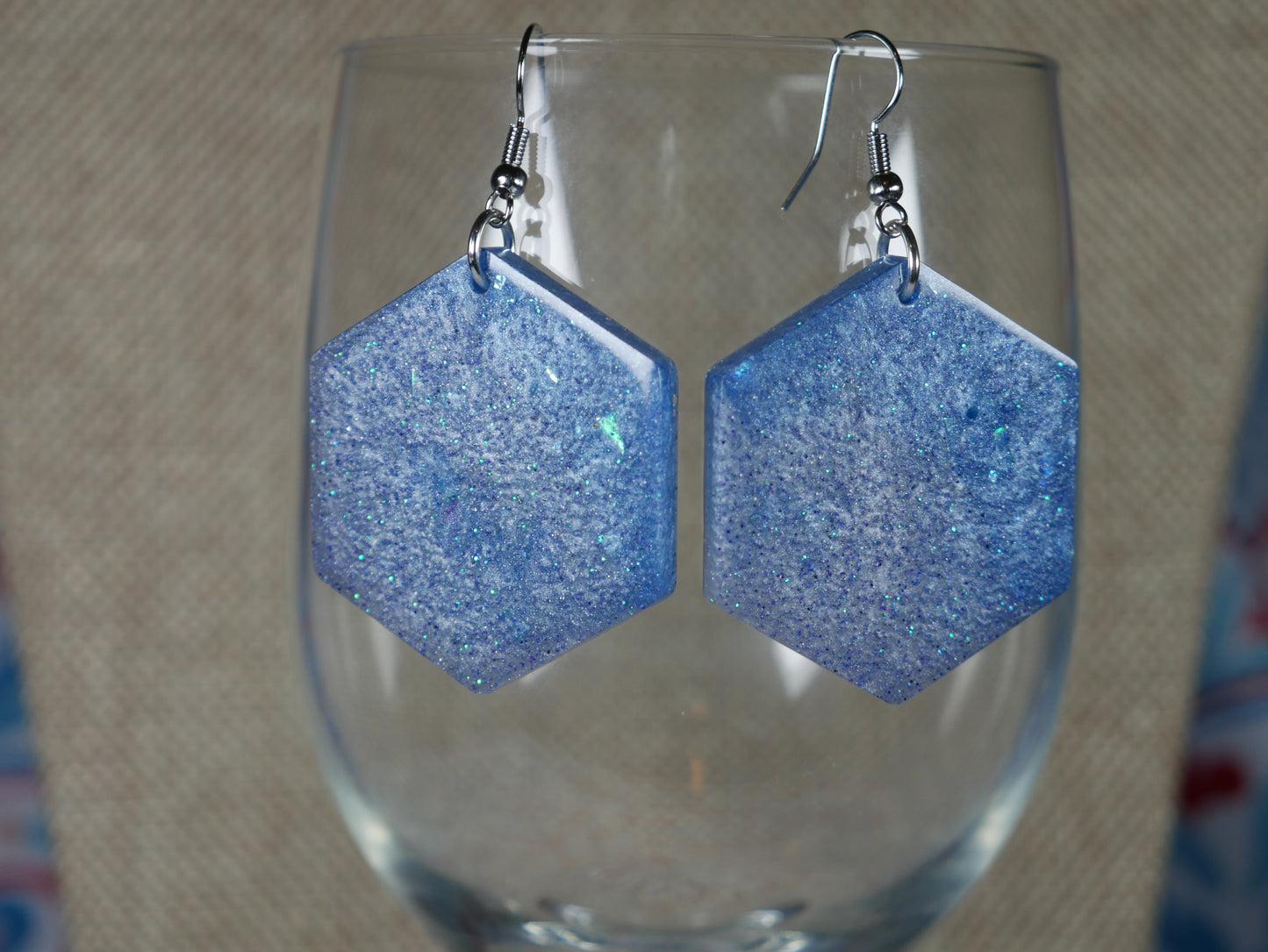 Resin Blue and Silver Hexagon Earrings