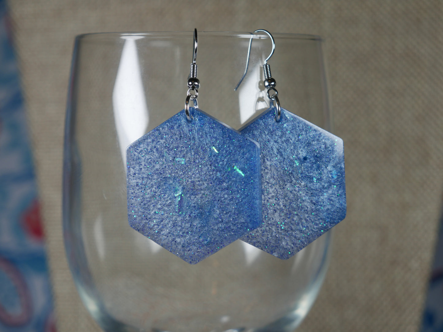 Resin Blue and Silver Hexagon Earrings