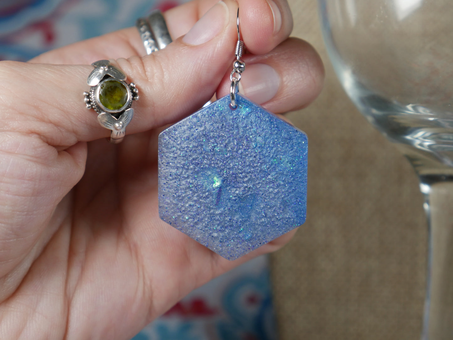 Resin Blue and Silver Hexagon Earrings