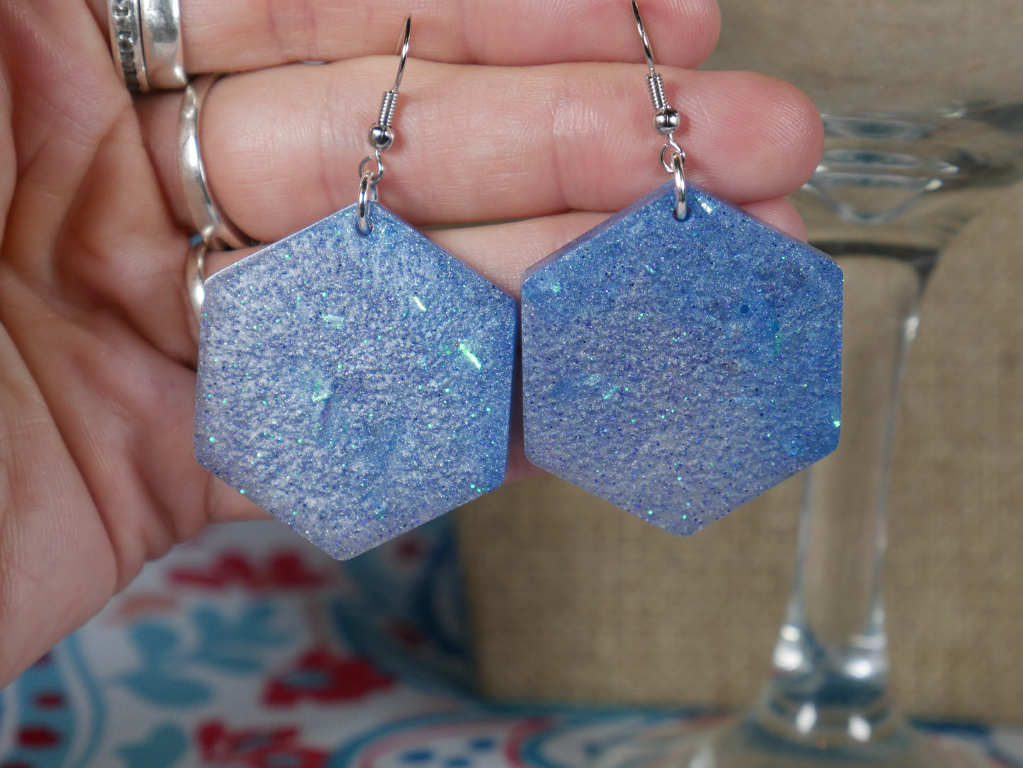 Resin Blue and Silver Hexagon Earrings