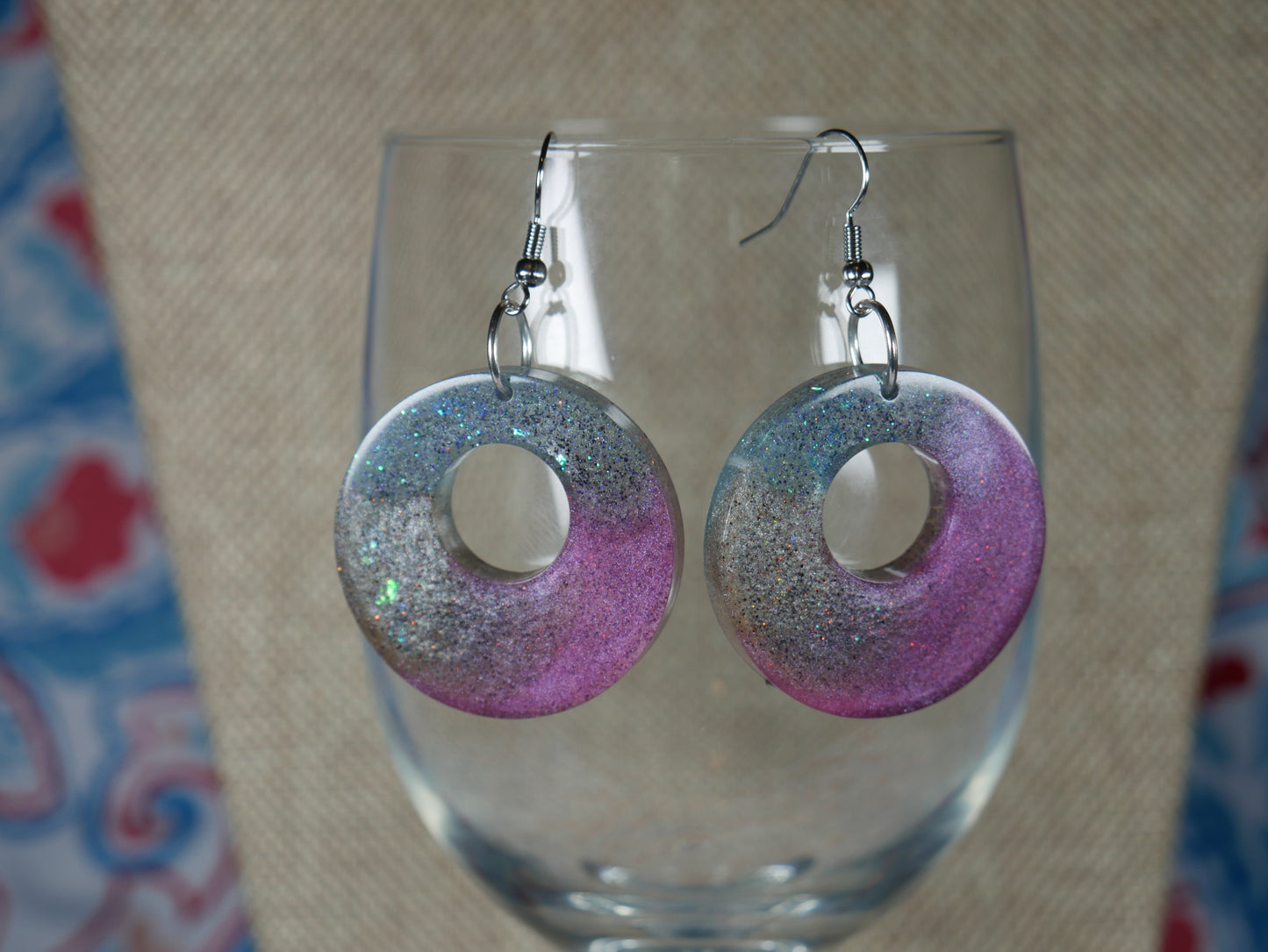 Resin Sparkly Blue, Purplish Grape Colored and Opalescent Loop Earrings