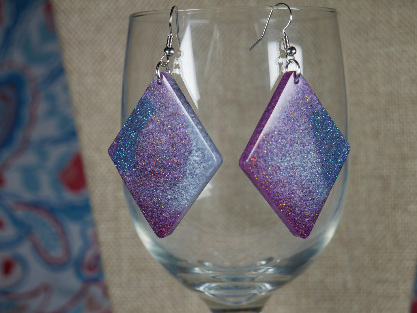 Resin Sparkly Blue, Purple and Silver Diamond Shaped Earrings