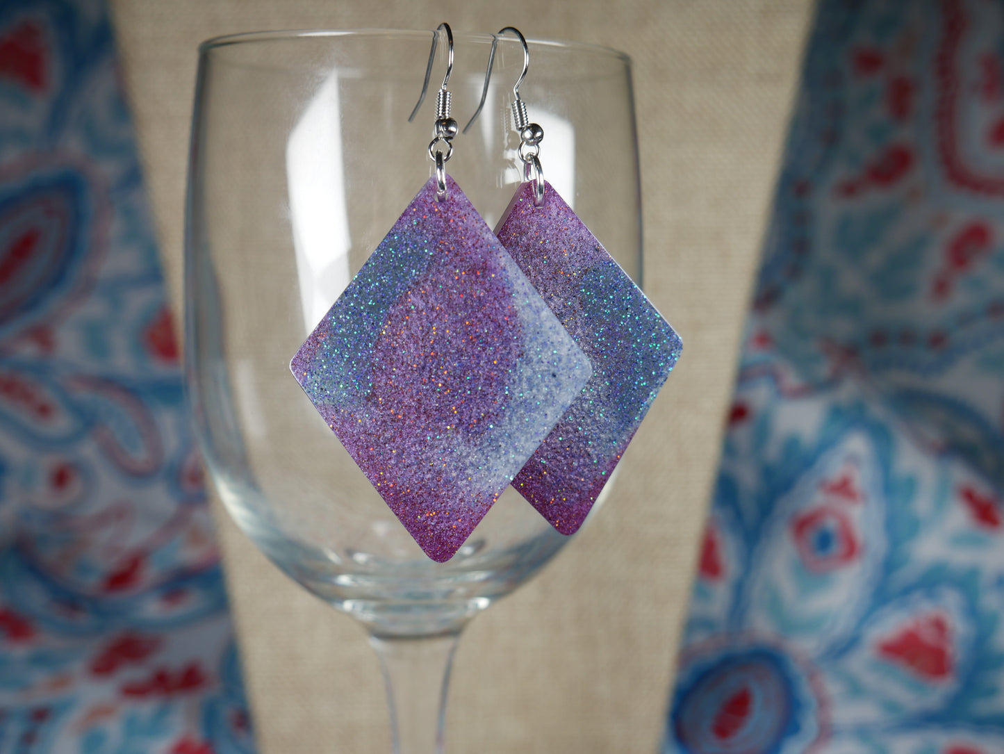 Resin Sparkly Blue, Purple and Silver Diamond Shaped Earrings