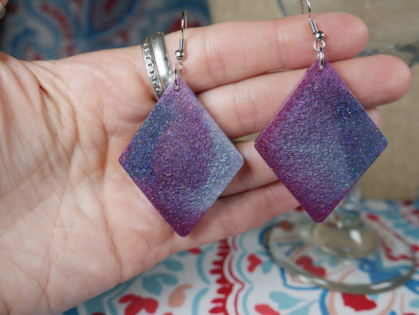 Resin Sparkly Blue, Purple and Silver Diamond Shaped Earrings