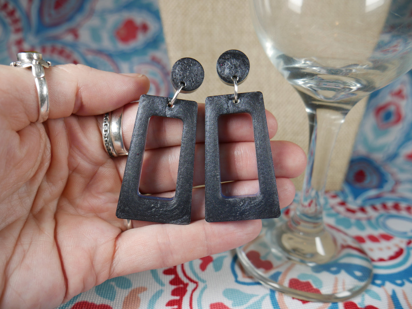 Resin Black and Blue Rectangular Earrings