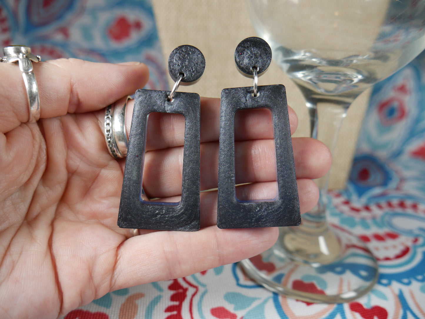 Resin Black and Blue Rectangular Earrings