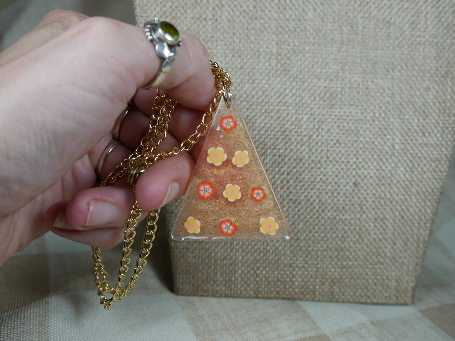 Resin Orange Flower Triangle Pendant Necklace