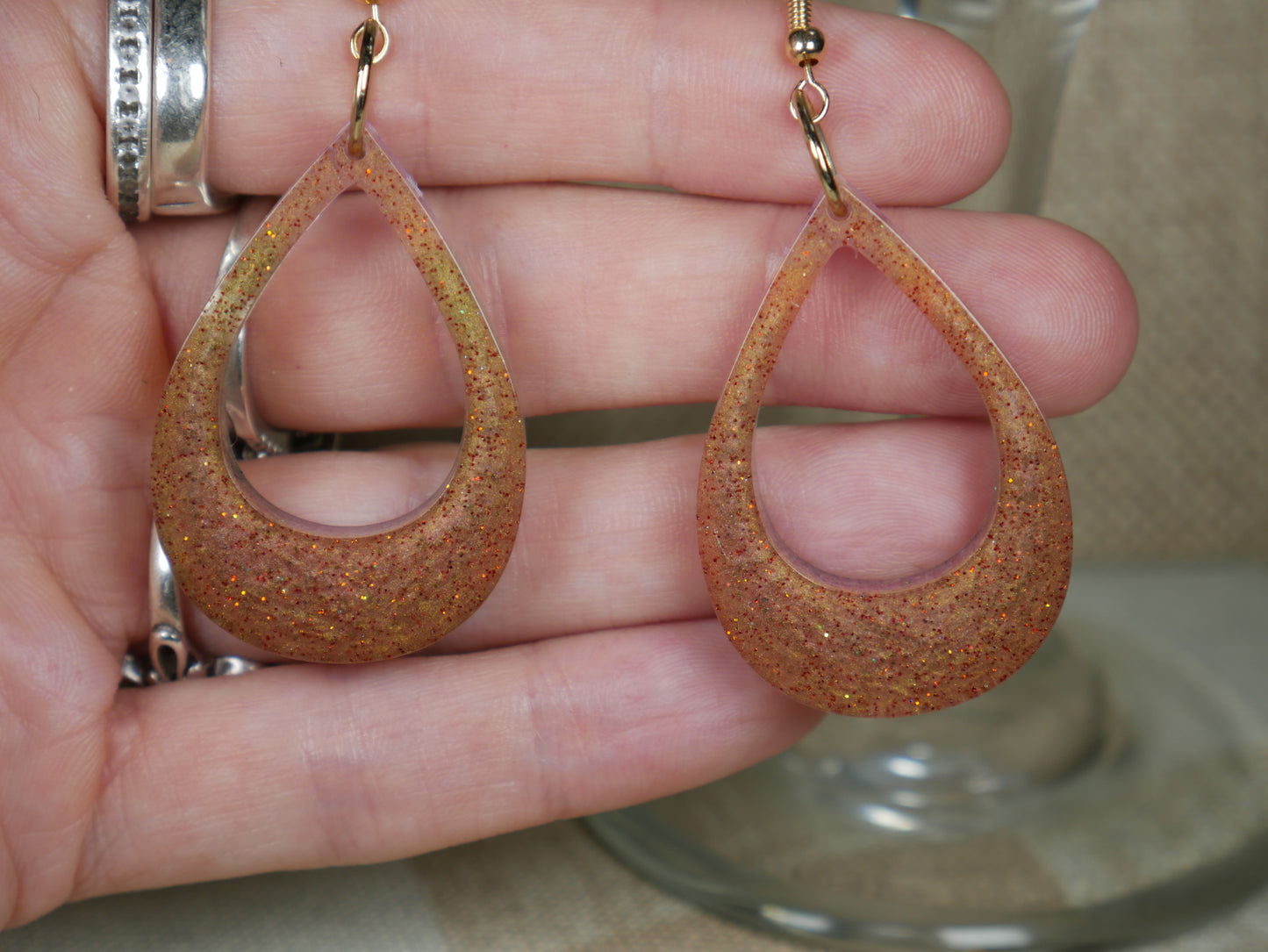 Resin Amber Colored Teardrop Loop Earrings