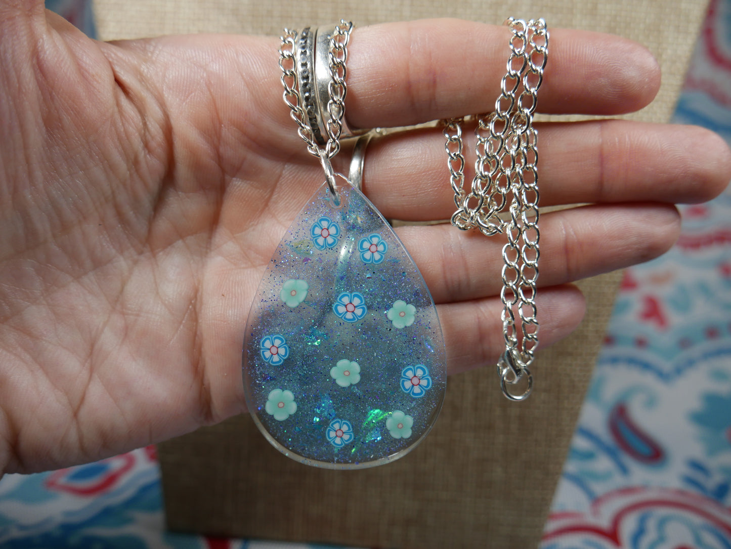 Resin Blue Flower Pendant Necklace