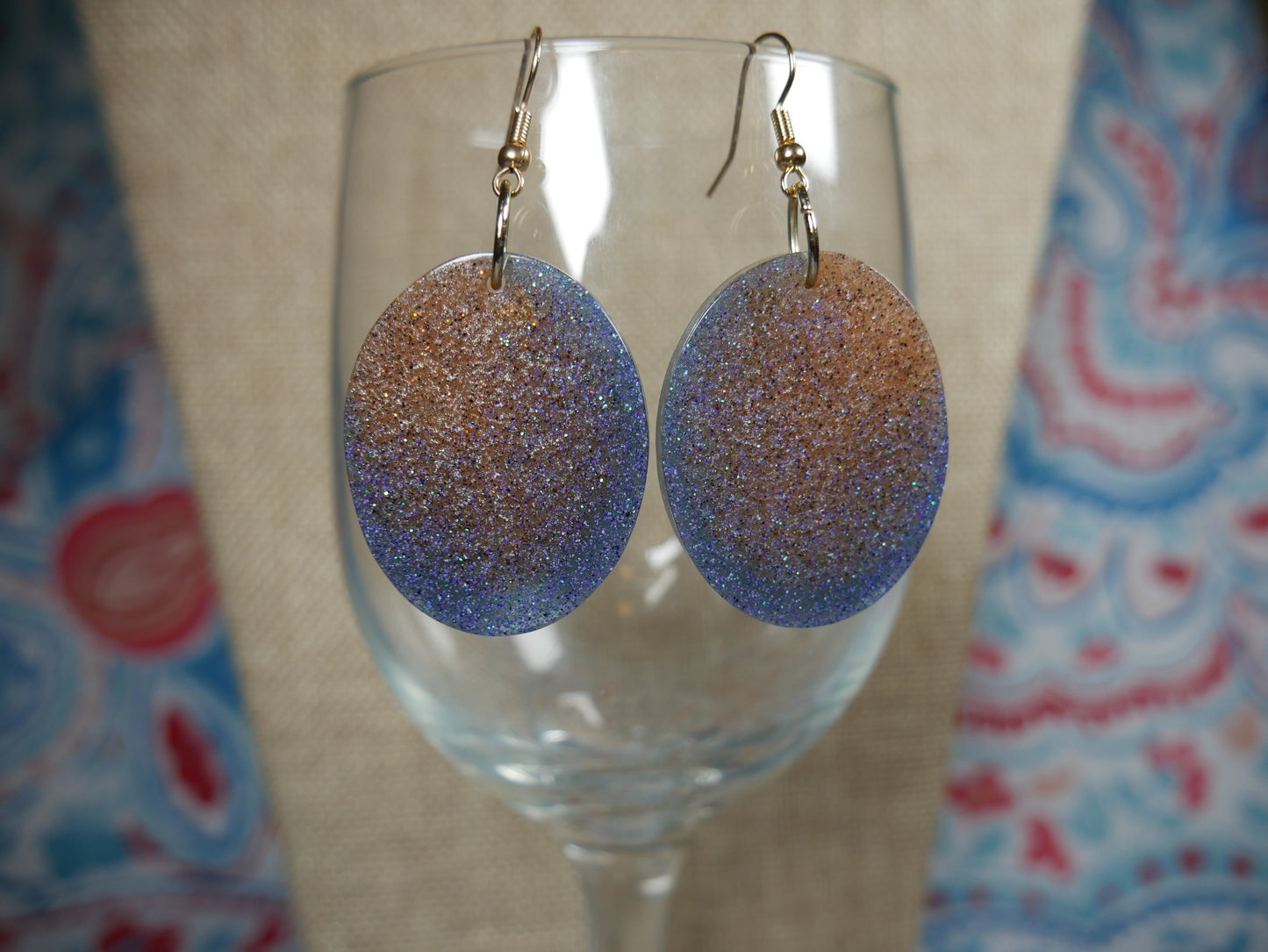 Resin Blue and Gold Oval Earrings