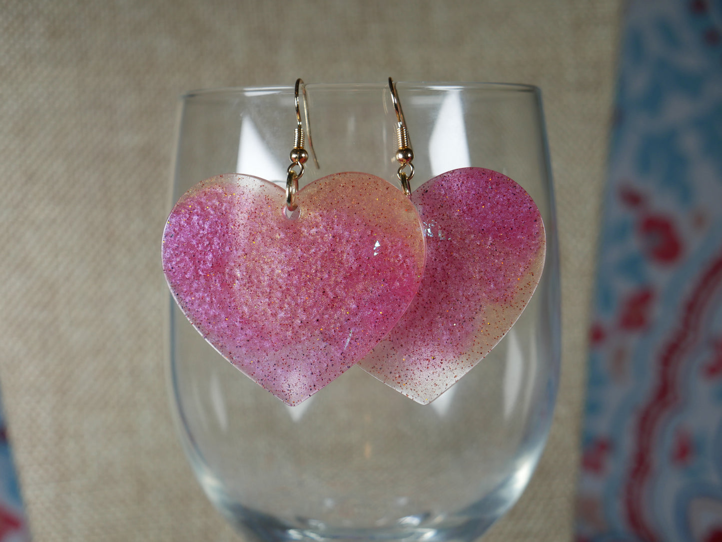 Pink and Coppery Gold Retro 1980's Resin Heart Earrings