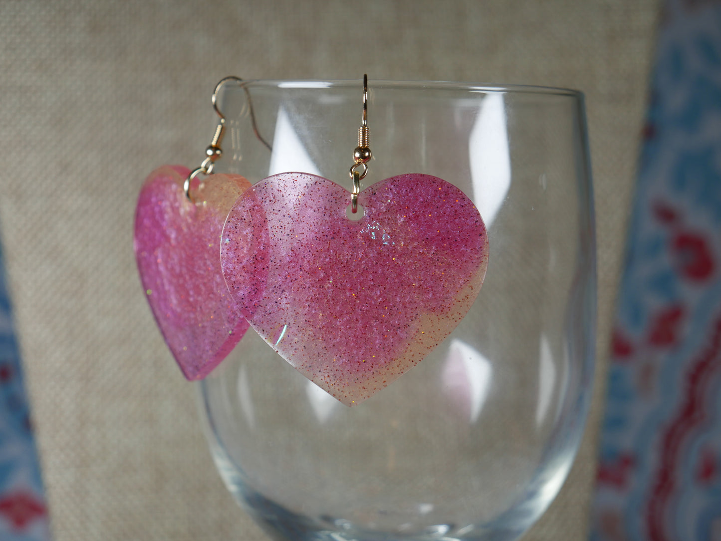 Pink and Coppery Gold Retro 1980's Resin Heart Earrings