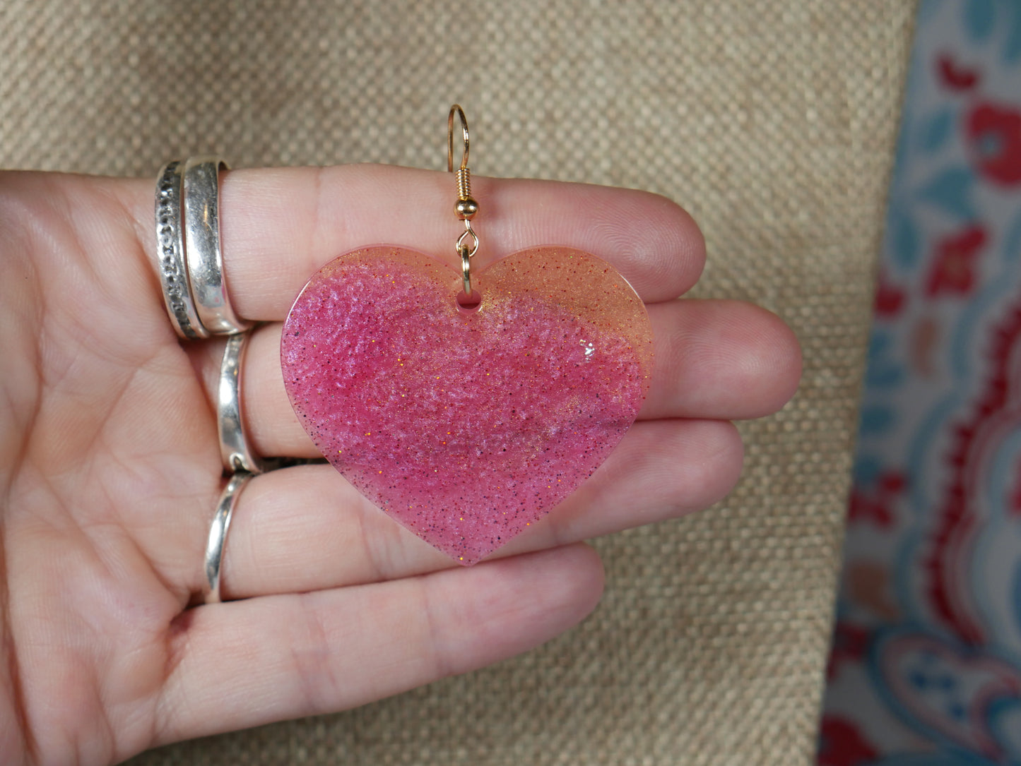 Pink and Coppery Gold Retro 1980's Resin Heart Earrings