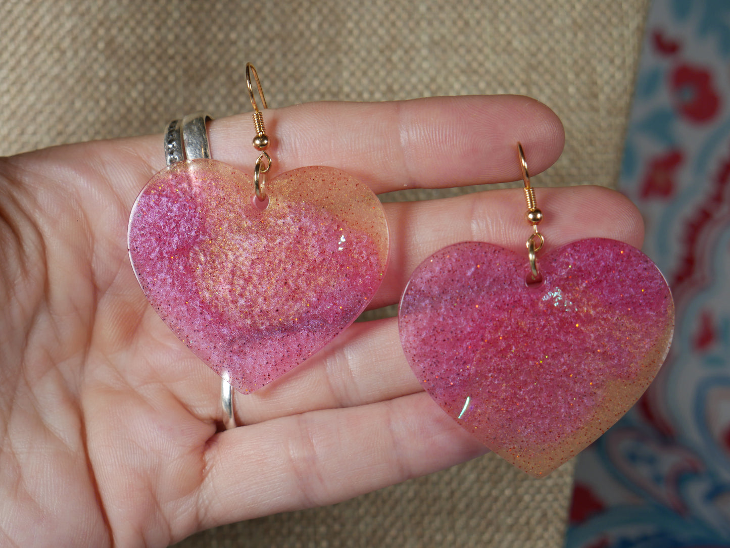 Pink and Coppery Gold Retro 1980's Resin Heart Earrings