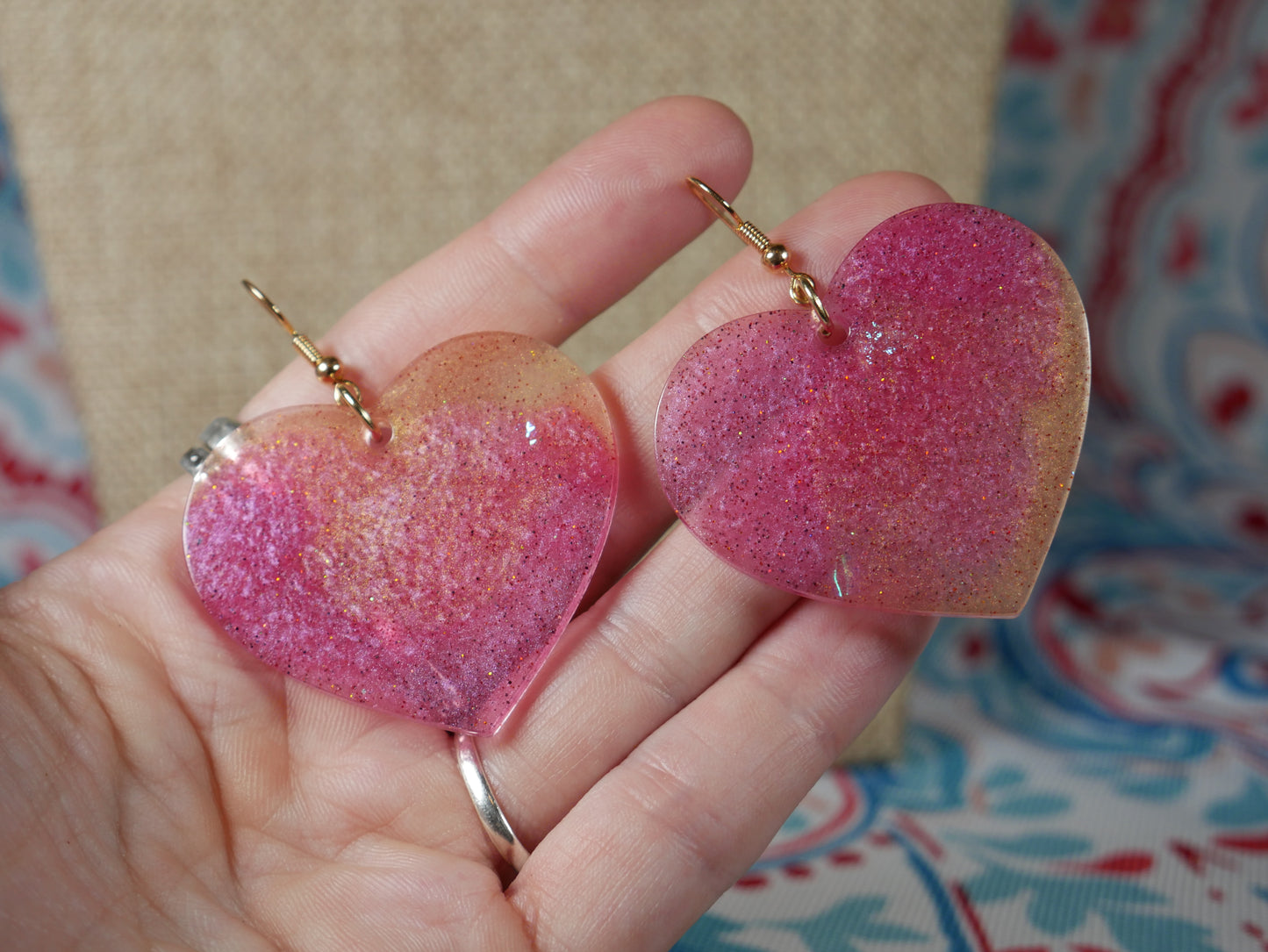 Pink and Coppery Gold Retro 1980's Resin Heart Earrings