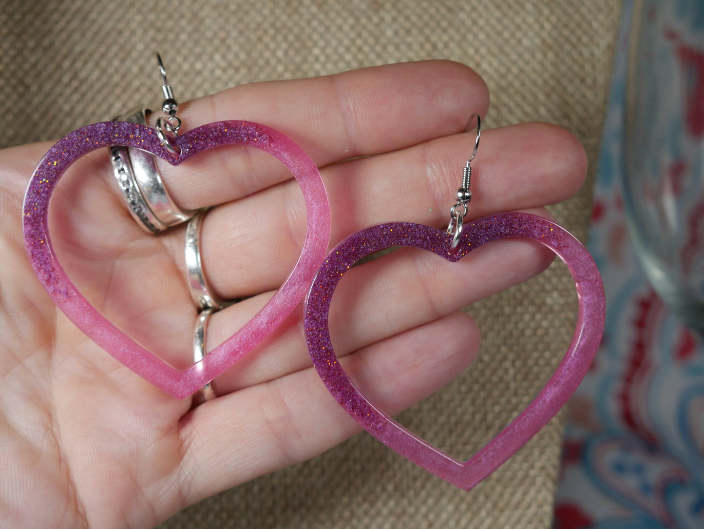 Resin Pink and Purple Heart Earrings