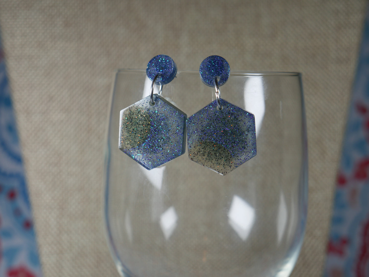 Resin Blue and Coppery Hexagon Earrings