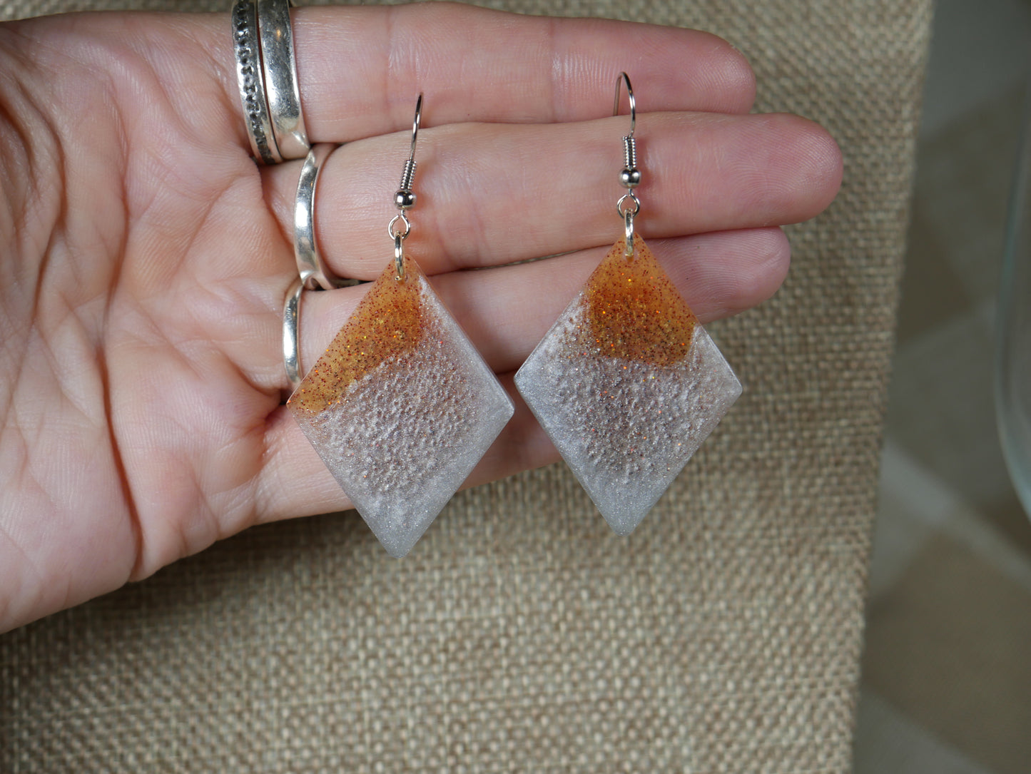 Silver and Gold Diamond Shaped Resin Earrings